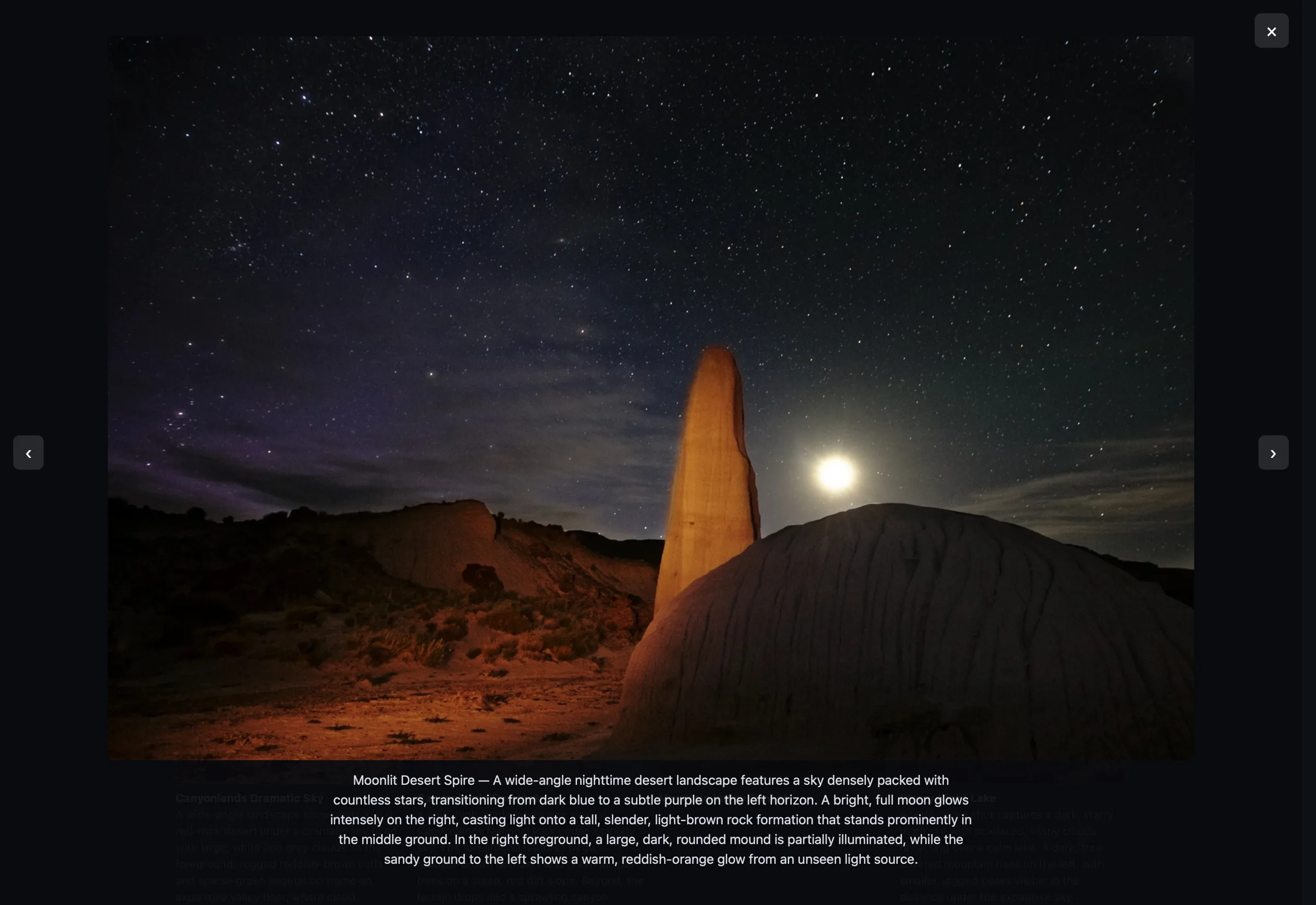 The gallery lightbox open over the dimmed grid: a moonlit sandstone spire under a star-filled sky fills the frame, with previous and next arrows at the edges, a close button top right, and the photo’s title and full description printed beneath.