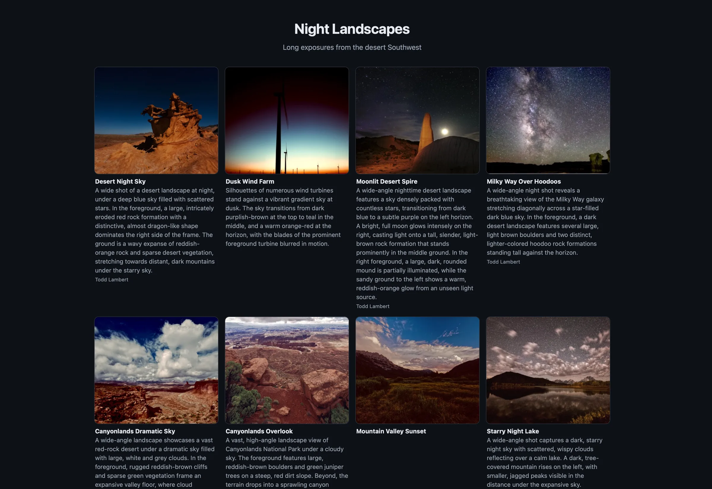 A published ALTer gallery in a browser, dark theme: the title “Night Landscapes” over “Long exposures from the desert Southwest”, then a responsive grid of night photographs. Under each thumbnail sits its title, its full description, and the photographer’s credit.